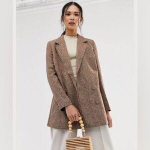 Gestuz Ditte Blazer‎ Brown & Pink Plaid Double Breasted Oversized Blazer Size 34